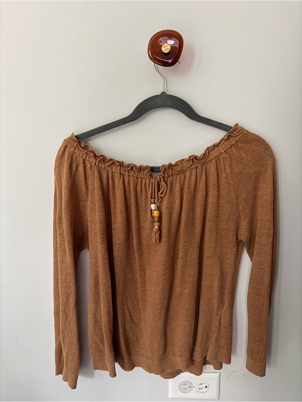 Sezane Rust Brown Off-Shoulder Linen Top